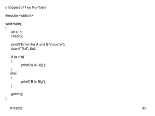 11/8/2022 93
// Biggest of Two Numbers
#include <stdio.h>
void main()
{
int a, b;
clrscr();
printf(“Enter the A and B Value:n”);
scanf(“%d”, &a);
if (a > b)
{
printf(“A is Big”);
}
else
{
printf(“B is Big”);
}
getch();
}
 