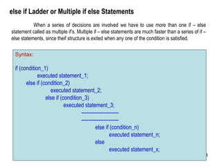 11/8/2022 98
else if Ladder or Multiple if else Statements
Syntax:
if (condition_1)
executed statement_1;
else if (condition_2)
executed statement_2;
else if (condition_3)
executed statement_3;
----------------------
----------------------
else if (condition_n)
executed statement_n;
else
executed statement_x;
When a series of decisions are involved we have to use more than one if – else
statement called as multiple if’s. Multiple if – else statements are much faster than a series of if –
else statements, since theif structure is exited when any one of the condition is satisfied.
 