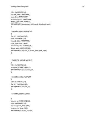 Library Database System 15
isbn: VARCHAR2(10),
issued_date :TIMESTAMP,
due_date : TIMESTAMP,
returned_date :TIMESTAMP,
book_type :VARCHAR2(20),
PRIMARY KEY (isbn,student_id, issued_date,book_type),
);
FACULTY_BOOKS_CHECKOUT
(
fac_id: VARCHAR2(10),
isbn: VARCHAR2(10),
issued_date :TIMESTAMP,
due_date : TIMESTAMP,
returned_date :TIMESTAMP,
book_type :VARCHAR2(20),
PRIMARY KEY (isbn,fac_id,issued_date,book_type),
);
STUDENTS_BOOKS_WAITLIST
(
isbn: VARCHAR2(10),
student_id:VARCHAR2(10),
PRIMARY KEY (isbn,student_id),
);
FACULTY_BOOKS_WAITLIST
(
isbn: VARCHAR2(10),
fac_id: VARCHAR2(10),
PRIMARY KEY (isbn,fac_id),
);
FACULTY_RESERVE_BOOK
(
course_id: VARCHAR2(50),
isbn: VARCHAR2(10) ,
reserve_from_date:DATE,
reserve_to_date :DATE,
PRIMARY KEY (course_id,isbn),
 