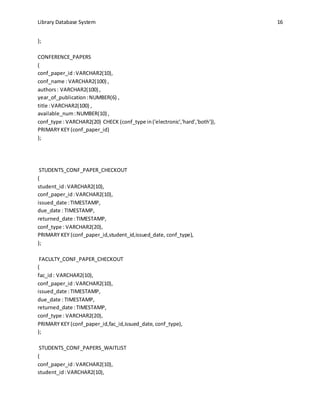 Library Database System 16
);
CONFERENCE_PAPERS
(
conf_paper_id:VARCHAR2(10),
conf_name : VARCHAR2(100) ,
authors: VARCHAR2(100) ,
year_of_publication:NUMBER(6) ,
title :VARCHAR2(100) ,
available_num:NUMBER(10) ,
conf_type : VARCHAR2(20) CHECK (conf_type in('electronic','hard','both')),
PRIMARY KEY (conf_paper_id)
);
STUDENTS_CONF_PAPER_CHECKOUT
(
student_id:VARCHAR2(10),
conf_paper_id:VARCHAR2(10),
issued_date :TIMESTAMP,
due_date : TIMESTAMP,
returned_date :TIMESTAMP,
conf_type : VARCHAR2(20),
PRIMARY KEY (conf_paper_id,student_id,issued_date, conf_type),
);
FACULTY_CONF_PAPER_CHECKOUT
(
fac_id: VARCHAR2(10),
conf_paper_id:VARCHAR2(10),
issued_date :TIMESTAMP,
due_date : TIMESTAMP,
returned_date :TIMESTAMP,
conf_type : VARCHAR2(20),
PRIMARY KEY (conf_paper_id,fac_id,issued_date, conf_type),
);
STUDENTS_CONF_PAPERS_WAITLIST
(
conf_paper_id:VARCHAR2(10),
student_id:VARCHAR2(10),
 