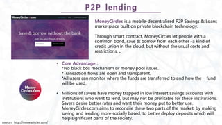 P2P lending
MoneyCircles is a mobile-decentralised P2P Savings & Loans
marketplace built on private blockchain technology.
Through smart contract, MoneyCircles let people with a
common bond, save & borrow from each other -a kind of
credit union in the cloud, but without the usual costs and
restrictions. 。
• Core Advantage：
*No black box mechanism or money pool issues.
*Transaction flows are open and transparent.
*All users can monitor where the funds are transferred to and how the fund
will be used.
• Millions of savers have money trapped in low interest savings accounts with
institutions who want to lend, but may not be profitable for these institutions.
Savers desire better rates and want their money put to better use.
MoneyCircles.com aims to reconcile these two parts of the market, by making
saving and lending more socially based, to better deploy deposits which will
help significant parts of the society.
source：http://moneycircles.com/
 