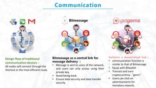 Communication
Design flow of traditional
communication devices：
All nodes will connect through the
shortest or the most efficient route.
Bitmessage as a central link for
message delivery ：
• Message is sent to users of the network,
and users can only access using their
private key.
• Avoid being track
• Ensure data security and data transfer
security
GetGems a decentralised hub：
• communication function is
similar to that of Bitmessage
• Equip with Bitwallet
• Transact and earn
cryptocurrency“gems”.
• Users can click on
advertisements for
monetary rewards.
Bitmessage
 