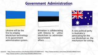 source：http://www.wanbizu.com/fazhan/201512015809.html；http://www.wanbizu.com/news/201602186602.html；
http://www.wanbizu.com/news/201602186602.html
Government Administration
Ukraine will be the
first to employ
blockchain technology
in its government
administration system..
Bitnation is collaborating
with Estonia to utilise
blockchain to administer
government
affairs…………
A new political party
in Australia is
advocating for the
use blockchain as the
mechanism for voting.
 