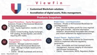 V i e w F i n
• Customised Blockchain solutions
• Accreditation of digital assets, Risks management,
Products Snapshots
Project Prometheus - Equity Management
Solutions: Private or Permissioned Blockchain
for Equity Management
• Uses：Equity registration, transfer, or OTC
trades.
• Clients: Crowd-funding, Equity Exchanges ,
P2P Leading, Private Equities ,and clients
requiring OTC trades.
Project Gaea - Land Registration
Solutions：Private or Permissioned BlockChain for
Land Registration
• Uses：Provide trustless proofs for cross-regional
land rights-transfer , real time information
validation, decentralised immutable data storage、
and instant settlement for digital transactions.
Project Hermes – Royalty/reward Points
management.
Solutions：Manage customers reward
points through Permissioned Blockchain.
• Uses：Manage multiple reward points
programs .
• Clients：All B2C businesses and services.
Project Themis - RegTech Chain
Solutions：Private Chain Solution for Governments
/NGOs to implement effective regulatory
governance.
• Uses：Immutable and time stamped record
management. Improve integrity of information
and increase transparency.
• Clients：Governments, NGOs, Regulatory Bodies
source： http://viewfin.com/
 