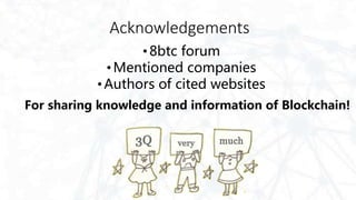 Acknowledgements
• 8btc forum
•Mentioned companies
•Authors of cited websites
For sharing knowledge and information of Blockchain!
 