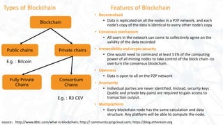 Blockchain
Public chains Private chains
Consortium
Chains
Fully Private
Chains
E.g.：R3 CEV
E.g.：Bitcoin
Types of Blockchain Features of Blockchain
• Decentralised
• Data is replicated on all the nodes in a P2P network, and each
node’s copy of the data is identical to every other node’s copy
• Consensus mechanism
• All users in the network can come to collectively agree on the
validity of the data recorded
• Irreversibility and crypto security
• One would need to command at least 51% of the computing
power of all mining nodes to take control of the block chain -to
overturn the consensus blockchain.
• Openness
• Data is open to all on the P2P network
• Anonymity
• Individual parties are never identified. Instead, security keys
(public and private key pairs) are required to gain access to
transaction output.
• Multiplatform
• Every blockchain node has the same calculation and data
structure. Any platform will be able to compute the node.
source：http://www.8btc.com/what-is-blockchain; http:// community.qingcloud.com; https://blog.ethereum.org
 