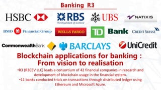 Banking R3
Blockchain applications for banking：
From vision to realisation
•R3 (R3CEV LLC) leads a consortium of 42 financ...