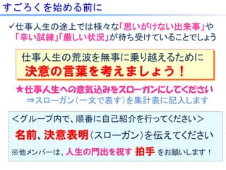 すごろくを始める前に
仕事人生の途上では様々な「思いがけない出来事」や
 「辛い試練」「厳しい状況」が待ち受けていることでしょう

 仕事人生の荒波を無事に乗り越えるために
  決意の言葉を考えましょう！
 ★仕事人生への意気込みをスローガンにしてください
  ⇒スローガン（一文で表す）を集計表に記入します

＜グループ内で、順番に自己紹介を行ってください＞
 名前、決意表明（スローガン）を伝えてください
※他メンバーは、人生の門出を祝す   拍手 をお願いします！
 