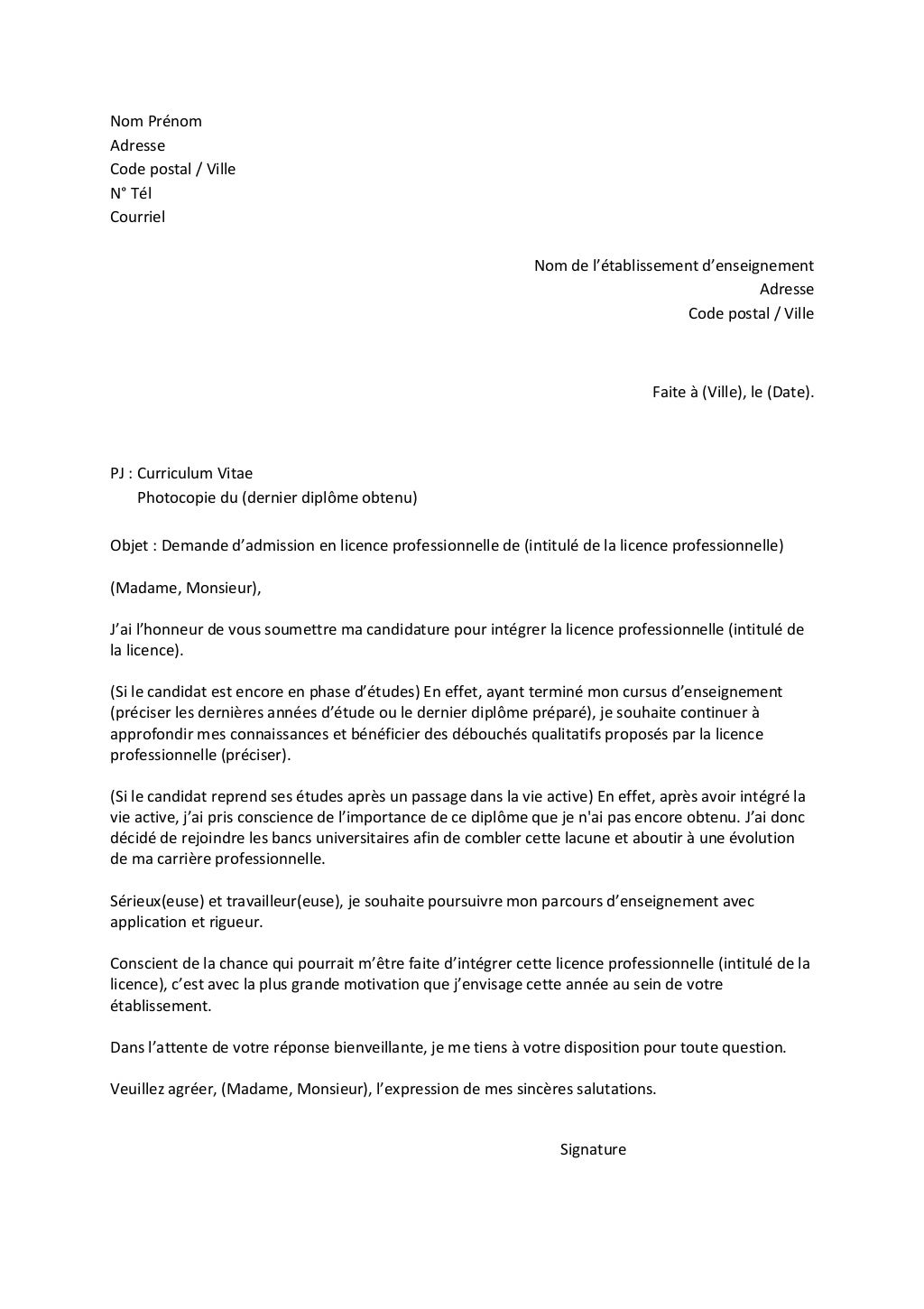 LETTRE DE MOTIVATION LICENCE PRO