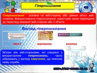 Вигляд гіперпосилання
текст малюнок кнопка
Розділ 5. Комп'ютерні мережі
Гіперпосилання - указівка на веб-сторінку або деякий об'єкт веб-
сторінки. Використовуючи гіперпосилання, користувач може переходити
до перегляду вказаної веб-сторінки або її об'єкта.
Зв'язки між веб-сторінками, які утворено з
використанням гіперпосилань, часто
зображають у вигляді павутиння, що пояснює
назву служби.
Гіперпосилання
 