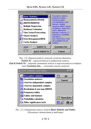 Орлов В.Ю., Русаков А.И., Тихонов С.В.
 98 
Рис. 2.4. Переключатель модулей системы Statistica.
Switch To – переключиться в выбранный модуль,
End & Switch To – закрыть активный модуль и переключиться в выбран-
ный, Customize list... – изменить список модулей
Рис. 2.5. Стартовая панель модуля Basic Statistic and Tables
(Основные статистики и таблицы)
Copyright ОАО «ЦКБ «БИБКОМ» & ООО «Aгентство Kнига-Cервис»
 