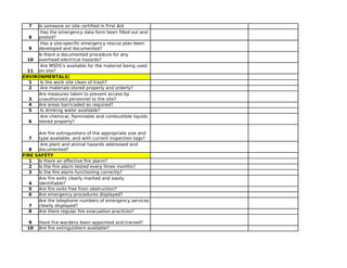 7 Is someone on site certified in First Aid
8
9
10
11
1 Is the work site clean of trash?
2 Are materials stored properly and orderly?
3
4 Are areas barricaded as required?
5 Is drinking water available?
6
7
8
FIRE SAFETY
1 Is there an effective fire alarm?
2 Is the fire alarm tested every three months?
3 Is the fire alarm functioning correctly?
4
5 Are fire exits free from obstruction?
6 Are emergency procedures displayed?
7
8 Are there regular fire evacuation practices?
9 Have fire wardens been appointed and trained?
10 Are fire extinguishers available?
Has the emergency data form been filled out and
posted?
Has a site-specific emergency rescue plan been
developed and documented?
Is there a documented procedure for any
overhead electrical hazards?
Are MSDS’s available for the material being used
on site?JOB SITE CONDITIONS (INCLUDE
ENVIRONMENTALS)
Are measures taken to prevent access by
unauthorized personnel to the site?
Are chemical, flammable and combustible liquids
stored properly?
Are fire extinguishers of the appropriate size and
type available, and with current inspection tags?
Are plant and animal hazards addressed and
documented?
Are fire exits clearly marked and easily
identifiable?
Are the telephone numbers of emergency services
clearly displayed?
 