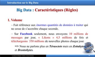 Introduction sur le Big Data
Big Data : Caractéristiques (Règles)
1. Volume
‒ Fait référence aux énormes quantités de données à traiter qui
ne cesse de s’accroître chaque seconde.
‒ Sur Facebook seulement, nous envoyons 10 millions de
messages par jour, « Likons » 4,5 millions de fois et
téléchargeons 350 millions de nouvelles photos chaque jour.
=> Nous ne parlons plus en Téraoctets mais en Zettabytes
et Brontobytes.
10
Les Bases de Données NoSQL et Calcul Distribué
 