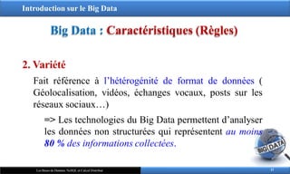 Introduction sur le Big Data
Big Data : Caractéristiques (Règles)
2. Variété
Fait référence à l’hétérogénité de format de données (
Géolocalisation, vidéos, échanges vocaux, posts sur les
réseaux sociaux…)
=> Les technologies du Big Data permettent d’analyser
les données non structurées qui représentent au moins
80 % des informations collectées.
11
Les Bases de Données NoSQL et Calcul Distribué
 