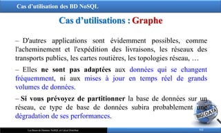 Cas d’utilisation des BD NoSQL
112
Les Bases de Données NoSQL et Calcul Distribué
Cas d’utilisations : Graphe
‒ D'autres applications sont évidemment possibles, comme
l'acheminement et l'expédition des livraisons, les réseaux des
transports publics, les cartes routières, les topologies réseau, …
‒ Elles ne sont pas adaptées aux données qui se changent
fréquemment, ni aux mises à jour en temps réel de grands
volumes de données.
‒ Si vous prévoyez de partitionner la base de données sur un
réseau, ce type de base de données subira probablement une
dégradation de ses performances.
 