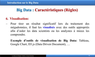 Introduction sur le Big Data
Big Data : Caractéristiques (Règles)
6. Visualisation:
‒ Pour tirer un résultat significatif lors du traitement des
mégadonnées, il faut les visualisés avec des outils appropriés
afin d’aider les data scientists ou les analystes à mieux les
comprendre.
Exemple d’outils de visualisation de Big Data: Tableau,
Google Chart, D3.js (Data Driven Document), …
16
Les Bases de Données NoSQL et Calcul Distribué
 