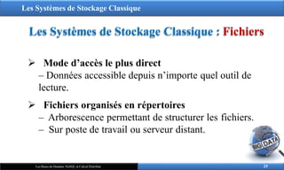 Les Systèmes de Stockage Classique
Les Systèmes de Stockage Classique : Fichiers
 Mode d’accès le plus direct
‒ Données accessible depuis n’importe quel outil de
lecture.
 Fichiers organisés en répertoires
‒ Arborescence permettant de structurer les fichiers.
‒ Sur poste de travail ou serveur distant.
25
Les Bases de Données NoSQL et Calcul Distribué
 