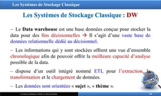 Les Systèmes de Stockage Classique
‒ Le Data warehouse est une base données conçue pour stocker la
data pour des fins décisionnelles  Il s’agit d’une vaste base de
données relationnelle dédié au décisionnel.
‒ Les informations qui y sont stockées offrent une vue d’ensemble
chronologique afin de pouvoir offrir la meilleure capacité d’analyse
possible de la data.
‒ dispose d’un outil intégré nommé ETL pour l’extraction, la
transformation et le chargement de données.
‒ Les données sont orientées « sujet », « thème ».
Les Systèmes de Stockage Classique : DW
36
Les Bases de Données NoSQL et Calcul Distribué
 