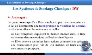 Les Systèmes de Stockage Classique
Les Systèmes de Stockage Classique : DW
37
Les Bases de Données NoSQL et Calcul Distribué
 Avantages :
Le grand avantage d’un Data warehouse pour une entreprise est
le fait qu’il représente une façon pratique de visualiser les données
passées sans affecter les opérations actuelles.
 Les entreprises exploitent la donnée stockée dans le Data
warehouse dans une optique de Business intelligence.
 Elles peuvent optimiser leurs actions commerciales grâce à
une connaissance plus fine de leur marché, de leurs clients,
concurrents et prospects.
 