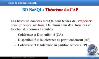 Bases de données NoSQL
BD NoSQL: Théorème du CAP
Les bases de données NoSQL sont tenues de respecter
deux principes sur trois. On choisi l’un des trois cas en
fonction des besoins à combler:
‒ Cohérence et Disponibilité (CA)
‒ Disponibilité et la tolérance au partitionnement (AP)
‒ Cohérence et la tolérance au partitionnement (CP)
47
Les Bases de Données NoSQL et Calcul Distribué
 