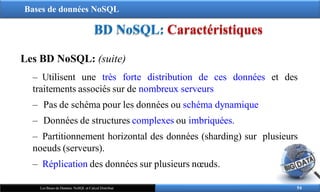 Bases de données NoSQL
BD NoSQL: Caractéristiques
Les BD NoSQL: (suite)
‒ Utilisent une très forte distribution de ces données et des
traitements associés sur de nombreux serveurs
‒ Pas de schéma pour les données ou schéma dynamique
‒ Données de structures complexes ou imbriquées.
‒ Partitionnement horizontal des données (sharding) sur plusieurs
noeuds (serveurs).
‒ Réplication des données sur plusieurs nœuds.
54
Les Bases de Données NoSQL et Calcul Distribué
 