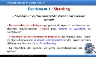 Fondements des Systèmes NoSQL
Fondement 1 : Sharding
57
Les Bases de Données NoSQL et Calcul Distribué
« Sharding » = Partitionnement des données sur plusieurs
serveurs
‒ Un ensemble de techniques qui permet de répartir les données sur
plusieurs nœuds/serveurs (shards) pour assurer la scalabilité de
l’architecture.
‒ Mécanisme de partitionnement horizontal des données dans lequel
les objets-données sont dispachés uniformément sur des nœuds serveurs
différents en fonction d’une clé de sharding.
‒ La répartition des données est gérée automatiquement par le
système.
 