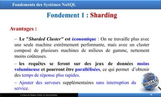 Fondements des Systèmes NoSQL
Fondement 1 : Sharding
60
Les Bases de Données NoSQL et Calcul Distribué
Avantages :
‒ Le "Sharded Cluster" est économique : On ne travaille plus avec
une seule machine extrêmement performante, mais avec un cluster
composé de plusieurs machines de milieux de gamme, nettement
moins coûteuses.
‒ les requêtes se feront sur des jeux de données moins
volumineuse et pourront être parallélisées, ce qui permet d’obtenir
des temps de réponse plus rapides.
‒ Ajouter des serveurs supplémentaires sans interruption du
service.
 