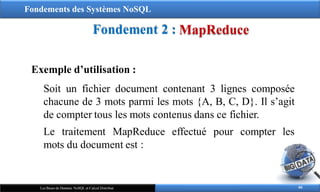 Fondements des Systèmes NoSQL
Fondement 2 : MapReduce
66
Les Bases de Données NoSQL et Calcul Distribué
Exemple d’utilisation :
Soit un fichier document contenant 3 lignes composée
chacune de 3 mots parmi les mots {A, B, C, D}. Il s’agit
de compter tous les mots contenus dans ce fichier.
Le traitement MapReduce effectué pour compter les
mots du document est :
 
