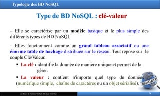 Typologie des BD NoSQL
‒ Elle se caractérise par un modèle basique et le plus simple des
différents types de BD NoSQL.
‒ Elles fonctionnent comme un grand tableau associatif ou une
énorme table de hachage distribuée sur le réseau. Tout repose sur le
couple Clé/Valeur.
 La clé : identifie la donnée de manière unique et permet de la
gérer.
 La valeur : contient n'importe quel type de données
(numérique simple, chaîne de caractères ou un objet sérialisé).
Type de BD NoSQL : clé-valeur
76
Les Bases de Données NoSQL et Calcul Distribué
 