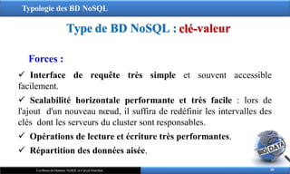 Typologie des BD NoSQL
Type de BD NoSQL : clé-valeur
80
Les Bases de Données NoSQL et Calcul Distribué
Forces :
 Interface de requête très simple et souvent accessible
facilement.
 Scalabilité horizontale performante et très facile : lors de
l'ajout d'un nouveau nœud, il suffira de redéfinir les intervalles des
clés dont les serveurs du cluster sont responsables.
 Opérations de lecture et écriture très performantes.
 Répartition des données aisée.
 