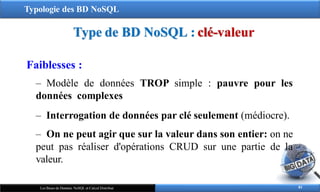 Typologie des BD NoSQL
Type de BD NoSQL : clé-valeur
81
Les Bases de Données NoSQL et Calcul Distribué
Faiblesses :
‒ Modèle de données TROP simple : pauvre pour les
données complexes
‒ Interrogation de données par clé seulement (médiocre).
‒ On ne peut agir que sur la valeur dans son entier: on ne
peut pas réaliser d'opérations CRUD sur une partie de la
valeur.
 