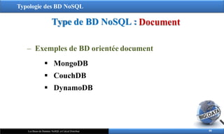 Typologie des BD NoSQL
Type de BD NoSQL : Document
88
Les Bases de Données NoSQL et Calcul Distribué
‒ Exemples de BD orientée document
 MongoDB
 CouchDB
 DynamoDB
 
