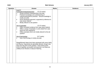 G322                                                         Mark Scheme                      January 2012

 Question                             Answer                               Marks   Guidance
            Level 3
            Explanation/analysis/argument        (12-15 marks)
            •    Shows proficient understanding of the task
            •    Proficient knowledge and understanding of
                 institutional/audience practices – factual knowledge is
                 mostly accurate
            •    Some developed argument, supported by reference to
                 case study material
            •    Mostly relevant to set question

            Use of examples                    (12-15 marks)
            •    Offers consistent evidence from case study material
            •    Offers a range of examples in some detail from case
                 study and own experience
            •    Offers examples which are mostly relevant to the set
                 question

            Use of terminology                 (6-7 marks)
            •    Use of terminology is mostly accurate


            Straightforward ideas have been expressed with some clarity
            and fluency. Arguments are generally relevant, though may
            stray from the point of the question. There will be some
            errors of spelling, punctuation and grammar, but these are
            unlikely to be intrusive or obscure meaning.




                                                                     8
 