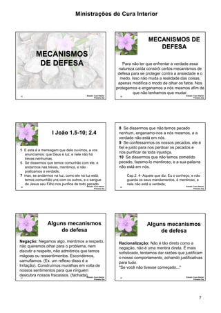 Ministrações de Cura Interior

MECANISMOS DE
DEFESA

MECANISMOS
DE DEFESA

37

Para não ter que enfrentar a verdade essa
natureza caída constrói certos mecanismos de
defesa para se proteger contra a ansiedade e o
medo. Isso não muda a realidade das coisas,
apenas modifica o modo de olhar os fatos. Nos
protegemos e enganamos a nós mesmos afim de
que não tenhamos que mudar.

Estudo: Cura Interior
Primeiro Dia

I João 1.5-10; 2.4
5 E esta é a mensagem que dele ouvimos, e vos
anunciamos: que Deus é luz, e nele não há
trevas nenhumas.
6 Se dissermos que temos comunhão com ele, e
andarmos nas trevas, mentimos, e não
praticamos a verdade;
7 mas, se andarmos na luz, como ele na luz está,
temos comunhão uns com os outros, e o sangue
de Jesus seu Filho nos purifica de todo pecado.
39

Estudo: Cura Interior
Primeiro Dia

38

8 Se dissermos que não temos pecado
nenhum, enganamo-nos a nós mesmos, e a
verdade não está em nós.
9 Se confessarmos os nossos pecados, ele é
fiel e justo para nos perdoar os pecados e
nos purificar de toda injustiça.
10 Se dissermos que não temos cometido
pecado, fazemo-lo mentiroso, e a sua palavra
não está em nós.
Cap.2. 4- Aquele que diz: Eu o conheço, e não
guarda os seus mandamentos, é mentiroso, e
nele não está a verdade;
40

Alguns mecanismos
de defesa
Negação: Negamos algo, mentimos a respeito,
não queremos olhar para o problema, nem
discutir a respeito, não admitimos que temos
mágoas ou ressentimentos. Escondemos,
camuflamos. (Ex. um reflexo disso é a
Irritação). Construímos muralhas em volta de
nossos sentimentos para que ninguém
descubra nossos fracassos. (fachada). Cura Interior
Estudo:
41

Primeiro Dia

Estudo: Cura Interior
Primeiro Dia

Estudo: Cura Interior
Primeiro Dia

Alguns mecanismos
de defesa
Racionalização: Não é tão direto como a
negação, não é uma mentira direta. É mais
sofisticado, tentamos dar razões que justificam
o nosso comportamento, achando justificativas
para tudo.
"Se você não tivesse começado..."
42

Estudo: Cura Interior
Primeiro Dia

7

 