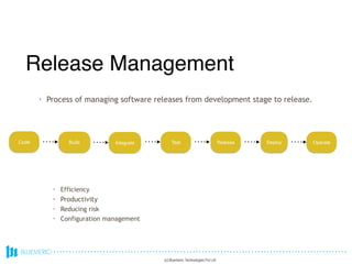 • Process of managing software releases from development stage to release.
Code Build Integrate Test Release Deploy Operate
• Efficiency
• Productivity
• Reducing risk
• Configuration management
Release Management
(c) Bluemeric Technologies Pvt Ltd
 