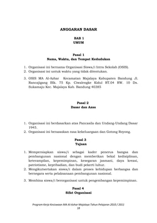 ANGGARAN DASAR
BAB 1
UMUM
Pasal 1
Nama, Waktu, dan Tempat Kedudukan
1. Organisasi ini bernama Organisasi Siswa/i Intra Sekolah (OSIS).
2. Organisasi ini untuk waktu yang tidak ditentukan.
3. OSIS MA Al-Azhar Kecamatan Majalaya Kabupaten Bandung Jl.
Rancajigang Blk. 75 Kp. Ciwalengke Kidul RT.04 RW. 10 Ds.
Sukamaju Kec. Majalaya Kab. Bandung 40385
Pasal 2
Dasar dan Azas
1. Organisasi ini berdasarkan atas Pancasila dan Undang-Undang Dasar
1945.
2. Organisasi ini berazaskan rasa kekeluargaan dan Gotong Royong.
Pasal 3
Tujuan
1. Mempersiapkan siswa/i sebagai kader penerus bangsa dan
pembangunan nasional dengan memberikan bekal kedisiplinan,
keterampilan, kepemimpinan, kesegaran jasmani, daya kreasi,
patriotisme, kepribadian, dan budi pekerti luhur.
2. Mengikutsertakan siswa/i dalam proses kehidupan berbangsa dan
bernegara serta pelaksanaan pembangunan nasional.
3. Membina siswa/i berorganisasi untuk pengembangan kepemimpinan.
Pasal 4
Sifat Organisasi
Program Kerja Kesiswaan MA Al-Azhar Majalaya Tahun Pelajaran 2010 / 2011
18
 