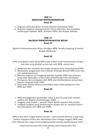 BAB 13
KEGIATAN EKSTRAKURIKULER
Pasal 26
1. Kegiatan ekstrakurikuler berada dibawah koordinasi OSIS.
2. Kegiatan-kegiatan ekstrakurikuler harus diketahui dan mendapat
persetujuan sekolah, MPK, Pembina OSIS, dan Kepala Sekolah.
BAB 14
MAJELIS PERMUSYAWARATAN KELAS
Pasal 27
Majelis Permusyawaratan Kelas disingkat MPK, berada langsung di bawah
Kepala Madrasah.
Pasal 28
OSIS merupakan mitra kerja MPK yang terikat secara keseluruhan dengan
hak-hak yang dimiliki secara sah oleh MPK, antara lain :
1. Menerima dan menolak rancangan program kerja yang diajukanOSIS.
2. Melakukan pengawasan dan evaluasi terhadap kinerja OSIS serta tata
cara pelaksanaannya.
3. Meminta laporan pertanggung jawaban kepada OSIS atas program
yang telah dijalankan sesuai watu tentatif yang telah ditetapkan.
4. Penegasan dan peringatan oleh MPK atas keterlambatan penyerahan
laporan program kerja OSIS.
5. Penetepan Panitia Khusus penyeleksi calon-calon pengururs baru
MPK dan OSIS.
Pasal 29
1. MPK beranggotakan perwakilan kelas X dan XI yang telah melalui
seleksi oleh Majelis Pembimbingan OSIS.
2. Anggota yang terpilih 1 periode dapat dipilih kembali oleh panitia.
3. Langkah-langkah yang berhubungan dengan hal itu nantinya diatur
dan ditetapkan oleh MPK dan OSIS.
Pasal 30
MPK terdiri dari 3 (tiga) komisi inti dan 1 (satu) komisi khusus, yang telah
melalui tahapan seleksi dan dinyatakan lulus sebagai anggota MPK yang
telah dilantik dan tugas serta tanggung jawab masing-masing komisi yaitu :
Program Kerja Kesiswaan MA Al-Azhar Majalaya Tahun Pelajaran 2010 / 2011
32
 