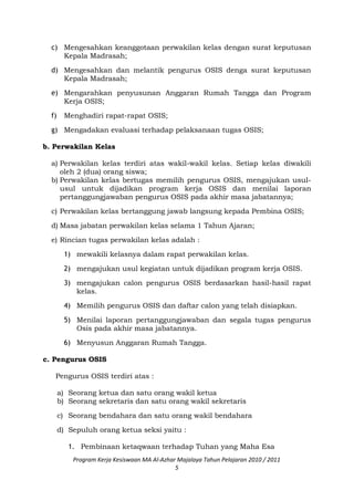 c) Mengesahkan keanggotaan perwakilan kelas dengan surat keputusan
Kepala Madrasah;
d) Mengesahkan dan melantik pengurus OSIS denga surat keputusan
Kepala Madrasah;
e) Mengarahkan penyusunan Anggaran Rumah Tangga dan Program
Kerja OSIS;
f) Menghadiri rapat-rapat OSIS;
g) Mengadakan evaluasi terhadap pelaksanaan tugas OSIS;
b. Perwakilan Kelas
a) Perwakilan kelas terdiri atas wakil-wakil kelas. Setiap kelas diwakili
oleh 2 (dua) orang siswa;
b) Perwakilan kelas bertugas memilih pengurus OSIS, mengajukan usul-
usul untuk dijadikan program kerja OSIS dan menilai laporan
pertanggungjawaban pengurus OSIS pada akhir masa jabatannya;
c) Perwakilan kelas bertanggung jawab langsung kepada Pembina OSIS;
d) Masa jabatan perwakilan kelas selama 1 Tahun Ajaran;
e) Rincian tugas perwakilan kelas adalah :
1) mewakili kelasnya dalam rapat perwakilan kelas.
2) mengajukan usul kegiatan untuk dijadikan program kerja OSIS.
3) mengajukan calon pengurus OSIS berdasarkan hasil-hasil rapat
kelas.
4) Memilih pengurus OSIS dan daftar calon yang telah disiapkan.
5) Menilai laporan pertanggungjawaban dan segala tugas pengurus
Osis pada akhir masa jabatannya.
6) Menyusun Anggaran Rumah Tangga.
c. Pengurus OSIS
Pengurus OSIS terdiri atas :
a) Seorang ketua dan satu orang wakil ketua
b) Seorang sekretaris dan satu orang wakil sekretaris
c) Seorang bendahara dan satu orang wakil bendahara
d) Sepuluh orang ketua seksi yaitu :
1. Pembinaan ketaqwaan terhadap Tuhan yang Maha Esa
Program Kerja Kesiswaan MA Al-Azhar Majalaya Tahun Pelajaran 2010 / 2011
5
 