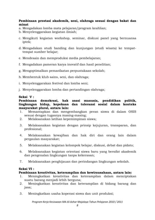 Pembinaan prestasi akademik, seni, olahraga sesuai dengan bakat dan
minat
a. Mengadakan lomba mata pelajaran/program keahlian;
b. Menyelenggarakan kegiatan ilmiah;
c. Mengikuti kegiatan workshop, seminar, diskusi panel yang bernuansa
iptek;
d. Mengadakan studi banding dan kunjungan (studi wisata) ke tempat-
tempat sumber belajar;
e. Mendesain dan memproduksi media pembelajaran;
f. Mengadakan pameran karya inovatif dan hasil penelitian;
g. Mengoptimalkan pemanfaatan perpustakaan sekolah;
h. Membentuk klub sains, seni, dan olahraga;
i. Menyelenggarakan festival dan lomba seni;
j. Menyelenggarakan lomba dan pertandingan olahraga;
Seksi V :
Pembinaan demokrasi, hak asasi manusia, pendidikan politik,
lingkungan hidup, kepekaan dan toleransi sosial dalam konteks
masyarakat plural, antara lain:
1. Memantapkan dan mengembangkan peran siswa di dalam OSIS
sesuai dengan tugasnya masing-masing;
2. Melaksanakan latihan kepemimpinan siswa;
3. Melaksanakan kegiatan dengan prinsip kejujuran, transparan, dan
profesional;
4. Melaksanakan kewajiban dan hak diri dan orang lain dalam
pergaulan masyarakat;
5. Melaksanakan kegiatan kelompok belajar, diskusi, debat dan pidato;
6. Melaksanakan kegiatan orientasi siswa baru yang bersifat akademik
dan pengenalan lingkungan tanpa kekerasan;
7. Melaksanakan penghijauan dan perindangan lingkungan sekolah.
Seksi VI :
Pembinaan kreativitas, keterampilan dan kewirausahaan, antara lain:
1. Meningkatkan kreativitas dan keterampilan dalam menciptakan
suatu barang menjadi lebih berguna;
2. Meningkatkan kreativitas dan keterampilan di bidang barang dan
jasa;
3. Meningkatkan usaha koperasi siswa dan unit produksi;
Program Kerja Kesiswaan MA Al-Azhar Majalaya Tahun Pelajaran 2010 / 2011
8
 