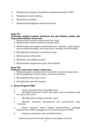 4. Melaksanakan Program Pengabdian Kepada Masyarakat ( PPM )
5. Mengadakan wajib madding
6. Menerbitkan madding.
7. Mengontrol kelengkapan administrasi kelas
Seksi VII :
Pembinaan kualitas jasmani, kesehatan dan gizi berbasis sumber gizi
yang terdiversifikasi, antara lain:
1. Melaksanakan perilaku hidup bersih dan sehat;
2. Melaksanakan usaha kesehatan sekolah (UKS);
3. Melaksanakan pencegahan penyalahgunaan narkotika, psikotropika,
dan zat adiktif (narkoba), minuman keras, merokok, dan HIV/AIDS;
4. Meningkatkan kesehatan reproduksi remaja;
5. Melaksanakan hidup aktif;
6. Melakukan diversifikasi pangan;
7. Melaksanakan pengamanan jajan anak sekolah;
Seksi VIII
Pembinaan sastra dan budaya, antara lain:
1. Mengembangkan wawasan dan keterampilan siswa di bidang sastra;
2. Menyelenggarakan festival/lomba, sastra dan budaya;
3. Meningkatkan daya cipta sastra;
4. Meningkatkan apresiasi budaya;
e. Syarat Pengurus OSIS
1. Taqwa terhadap Tuhan Yang Maha Esa;
2. Mermiliki budi pekerti luhur dan sopan santun terhadap orang
tua, guru, dan teman;
3. Memiliki bakat sebagai pemimpin siswa;
4. Memiliki kemauan, kemampuan, dan pengetahuan yang
memadai
5. Dapat mengatur waktu dengan sebaik-baiknya, sehingga
pelajarannnya tidak terganggu karena menjadi pengurus OSIS;
6. Pengurus dicalonkan oleh perwakilan kelas;
Program Kerja Kesiswaan MA Al-Azhar Majalaya Tahun Pelajaran 2010 / 2011
9
 