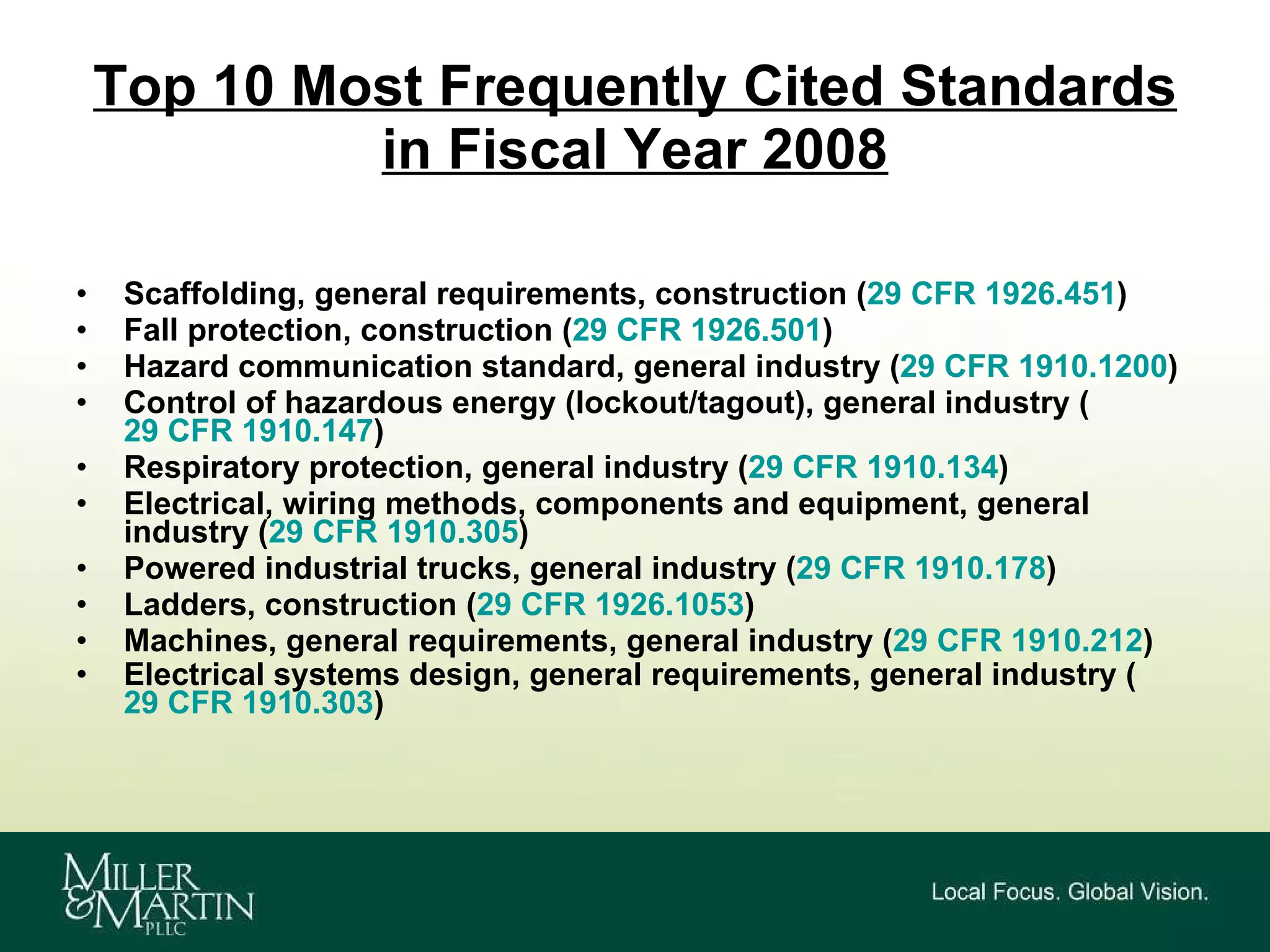 Top 10 Most Frequently Cited Standards in Fiscal Year 2008 Scaffolding, general requirements, construction ( 29 CFR 1926.451 )  Fall protection, construction ( 29 CFR 1926.501 )  Hazard communication standard, general industry ( 29 CFR 1910.1200 ) Control of hazardous energy (lockout/tagout), general industry ( 29 CFR 1910.147 ) Respiratory protection, general industry ( 29 CFR 1910.134 ) Electrical, wiring methods, components and equipment, general industry ( 29 CFR 1910.305 ) Powered industrial trucks, general industry ( 29 CFR 1910.178 )  Ladders, construction ( 29 CFR 1926.1053 ) Machines, general requirements, general industry ( 29 CFR 1910.212 ) Electrical systems design, general requirements, general industry ( 29 CFR 1910.303 )   