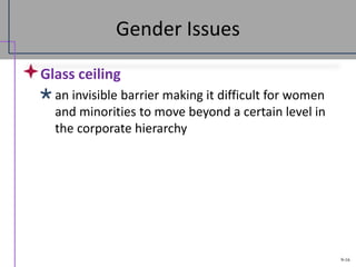 9-16
Gender Issues
Glass ceiling
an invisible barrier making it difficult for women
and minorities to move beyond a certain level in
the corporate hierarchy
 