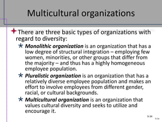 9-34
Multicultural organizations
There are three basic types of organizations with
regard to diversity:
 Monolithic organization is an organization that has a
low degree of structural integration – employing few
women, minorities, or other groups that differ from
the majority – and thus has a highly homogeneous
employee population.
 Pluralistic organization is an organization that has a
relatively diverse employee population and makes an
effort to involve employees from different gender,
racial, or cultural backgrounds.
 Multicultural organization is an organization that
values cultural diversity and seeks to utilize and
encourage it.
9-34
 
