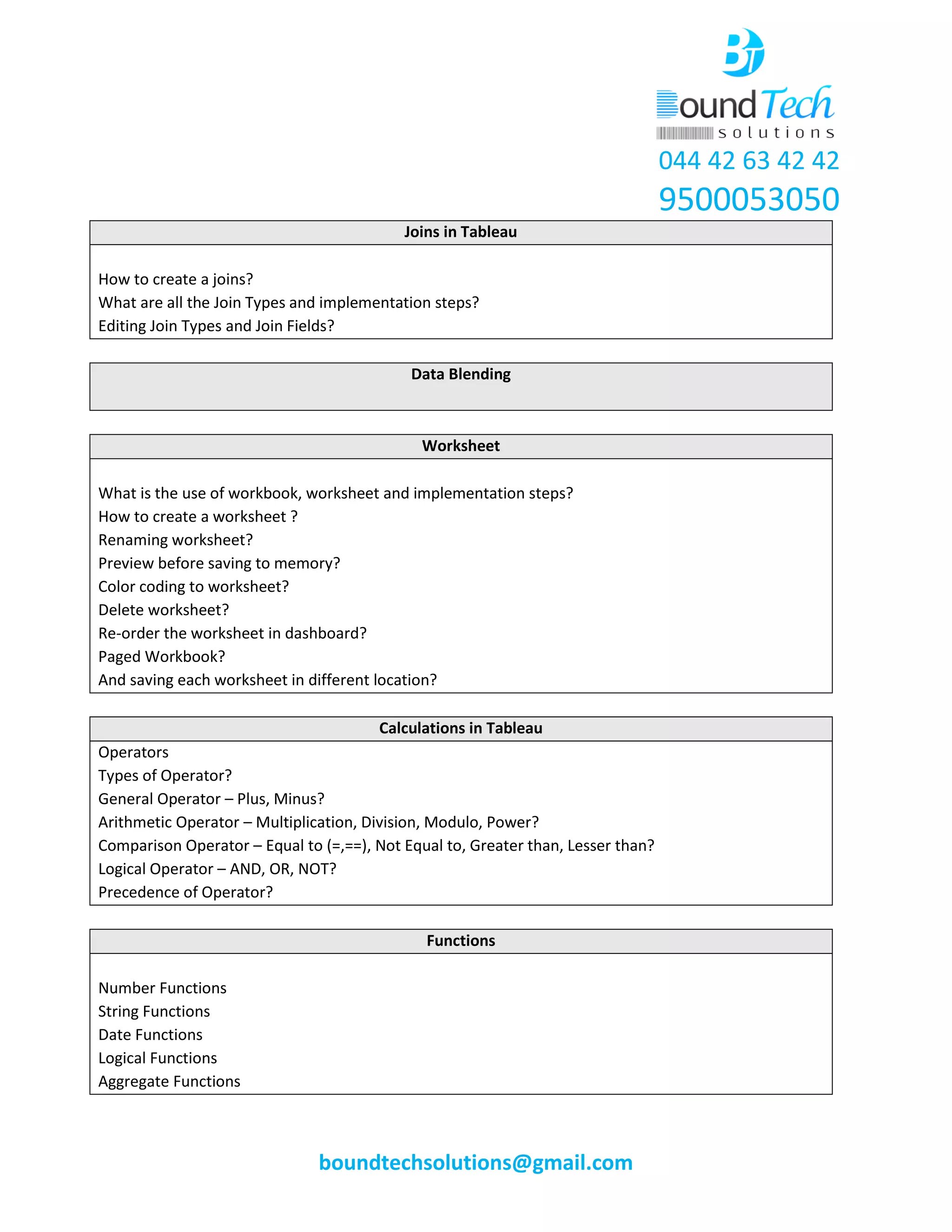 044 42 63 42 42
9500053050
boundtechsolutions@gmail.com
Joins in Tableau
How to create a joins?
What are all the Join Types and implementation steps?
Editing Join Types and Join Fields?
Data Blending
Worksheet
What is the use of workbook, worksheet and implementation steps?
How to create a worksheet ?
Renaming worksheet?
Preview before saving to memory?
Color coding to worksheet?
Delete worksheet?
Re-order the worksheet in dashboard?
Paged Workbook?
And saving each worksheet in different location?
Calculations in Tableau
Operators
Types of Operator?
General Operator – Plus, Minus?
Arithmetic Operator – Multiplication, Division, Modulo, Power?
Comparison Operator – Equal to (=,==), Not Equal to, Greater than, Lesser than?
Logical Operator – AND, OR, NOT?
Precedence of Operator?
Functions
Number Functions
String Functions
Date Functions
Logical Functions
Aggregate Functions
 