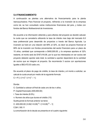 203
5.4 FINANCIAMIENTO
A continuación se plantea una alternativa de financiamiento para la planta
reencauchadora. Para financiar el proyecto, refiriendo a la inversión de la empresa
como tal, se han consultado varias instituciones financieras del país, y todas con
fondos del Banco Multisectorial de Inversiones.
De acuerdo a la información obtenida y para efectos del proyecto se decidió calcular
la cuota que se cancelaría utilizando la tasa de interés mas baja del mercado 6.0
tasa preferencial para desarrollo de proyectos a través del Banco Agrícola. La
inversión se hará en una relación del 68% al 32%, es decir se propone financiar el
68% de la inversión con fondos provenientes del sector financiero para un plazo de
15 años, cantidad que corresponde a $400,000.00, y la empresa aportara el 32%
restante, el monto será de $187,416.08, por lo que los interesados en ser socios del
proyecto deberán aportar este total, la cantidad a aportar dependerá de la cantidad
de socios que se integren al proyecto. Se recomienda 3 socios con aportaciones
iguales a $62,472.03 cada uno.
De acuerdo al plazo de pago de crédito, la tasa de interés y el monto a solicitar, se
calcula la cuota anual por medio de la siguiente formula:
C = P [ i (1+i)n
/ (1+i)n
– 1 ]
Donde:
C: Cantidad a colocar al final de cada uno de los n años.
P: Capital financiado (400,000.00)
i: Tasa de interés (6.0%)
n: Numero de años que durara el crédito (15)
Sustituyendo la formula anterior se tiene:
C: 400,000.00 [ 0.06(1+0.06)15
/ (1+0.06)15
– 1]
C:$41,185.11
La amortización de la deuda se presenta en el cuadro siguiente:
 