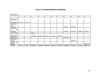 205
Tabla 5.15 CRONOGRAMA DE INVERSIÓN
ACTIVIDAD
1 2 3 4 5 6 7 8 9 10 11
Planeación
e
Integración $3,797.14 $3,797.14
Ingeniería
del
proyecto $2,009.05 $2,009.05
Supervisió
n de
proyecto $1,265.72 $1,265.72 $1,265.72 $1,265.72
Imprevistos $833.70
Edificación $300,000.00 $6,250.00 $6,250.00 $6,250.00 $6,250.00
Maquinaria $160,724.50
Mobiliario y
equipo $20,561.00
Capital de
trabajo $63,621.63
TOTAL $3,797.14 $3,797.14 $300,833.70 $6,250.00 $6,250.00 $6,250.00 $6,250.00 $163,999.27 $23,835.77 $1,265.72 $64,887.35
 