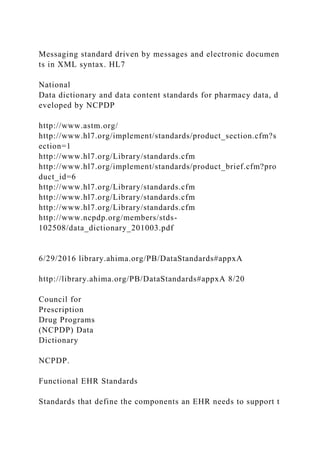Messaging standard driven by messages and electronic documen
ts in XML syntax. HL7
National
Data dictionary and data content standards for pharmacy data, d
eveloped by NCPDP
http://www.astm.org/
http://www.hl7.org/implement/standards/product_section.cfm?s
ection=1
http://www.hl7.org/Library/standards.cfm
http://www.hl7.org/implement/standards/product_brief.cfm?pro
duct_id=6
http://www.hl7.org/Library/standards.cfm
http://www.hl7.org/Library/standards.cfm
http://www.hl7.org/Library/standards.cfm
http://www.ncpdp.org/members/stds-
102508/data_dictionary_201003.pdf
6/29/2016 library.ahima.org/PB/DataStandards#appxA
http://library.ahima.org/PB/DataStandards#appxA 8/20
Council for
Prescription
Drug Programs
(NCPDP) Data
Dictionary
NCPDP.
Functional EHR Standards
Standards that define the components an EHR needs to support t
 