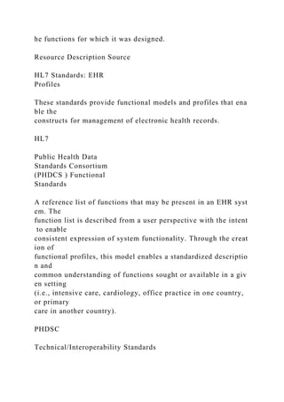 he functions for which it was designed.
Resource Description Source
HL7 Standards: EHR
Profiles
These standards provide functional models and profiles that ena
ble the
constructs for management of electronic health records.
HL7
Public Health Data
Standards Consortium
(PHDCS ) Functional
Standards
A reference list of functions that may be present in an EHR syst
em. The
function list is described from a user perspective with the intent
to enable
consistent expression of system functionality. Through the creat
ion of
functional profiles, this model enables a standardized descriptio
n and
common understanding of functions sought or available in a giv
en setting
(i.e., intensive care, cardiology, office practice in one country,
or primary
care in another country).
PHDSC
Technical/Interoperability Standards
 