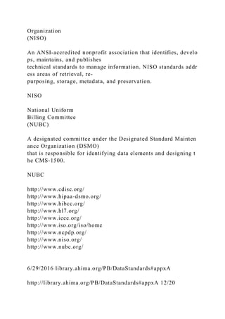 Organization
(NISO)
An ANSI-accredited nonprofit association that identifies, develo
ps, maintains, and publishes
technical standards to manage information. NISO standards addr
ess areas of retrieval, re-
purposing, storage, metadata, and preservation.
NISO
National Uniform
Billing Committee
(NUBC)
A designated committee under the Designated Standard Mainten
ance Organization (DSMO)
that is responsible for identifying data elements and designing t
he CMS-1500.
NUBC
http://www.cdisc.org/
http://www.hipaa-dsmo.org/
http://www.hibcc.org/
http://www.hl7.org/
http://www.ieee.org/
http://www.iso.org/iso/home
http://www.ncpdp.org/
http://www.niso.org/
http://www.nubc.org/
6/29/2016 library.ahima.org/PB/DataStandards#appxA
http://library.ahima.org/PB/DataStandards#appxA 12/20
 
