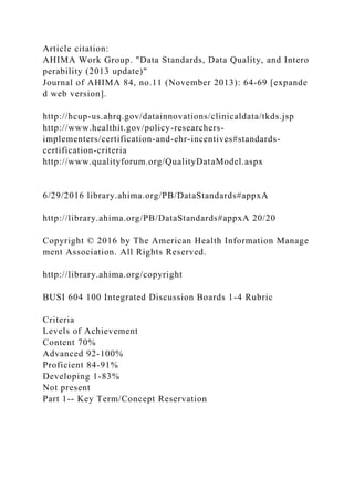 Article citation:
AHIMA Work Group. "Data Standards, Data Quality, and Intero
perability (2013 update)"
Journal of AHIMA 84, no.11 (November 2013): 64-69 [expande
d web version].
http://hcup-us.ahrq.gov/datainnovations/clinicaldata/tkds.jsp
http://www.healthit.gov/policy-researchers-
implementers/certification-and-ehr-incentives#standards-
certification-criteria
http://www.qualityforum.org/QualityDataModel.aspx
6/29/2016 library.ahima.org/PB/DataStandards#appxA
http://library.ahima.org/PB/DataStandards#appxA 20/20
Copyright © 2016 by The American Health Information Manage
ment Association. All Rights Reserved.
http://library.ahima.org/copyright
BUSI 604 100 Integrated Discussion Boards 1-4 Rubric
Criteria
Levels of Achievement
Content 70%
Advanced 92-100%
Proficient 84-91%
Developing 1-83%
Not present
Part 1-- Key Term/Concept Reservation
 